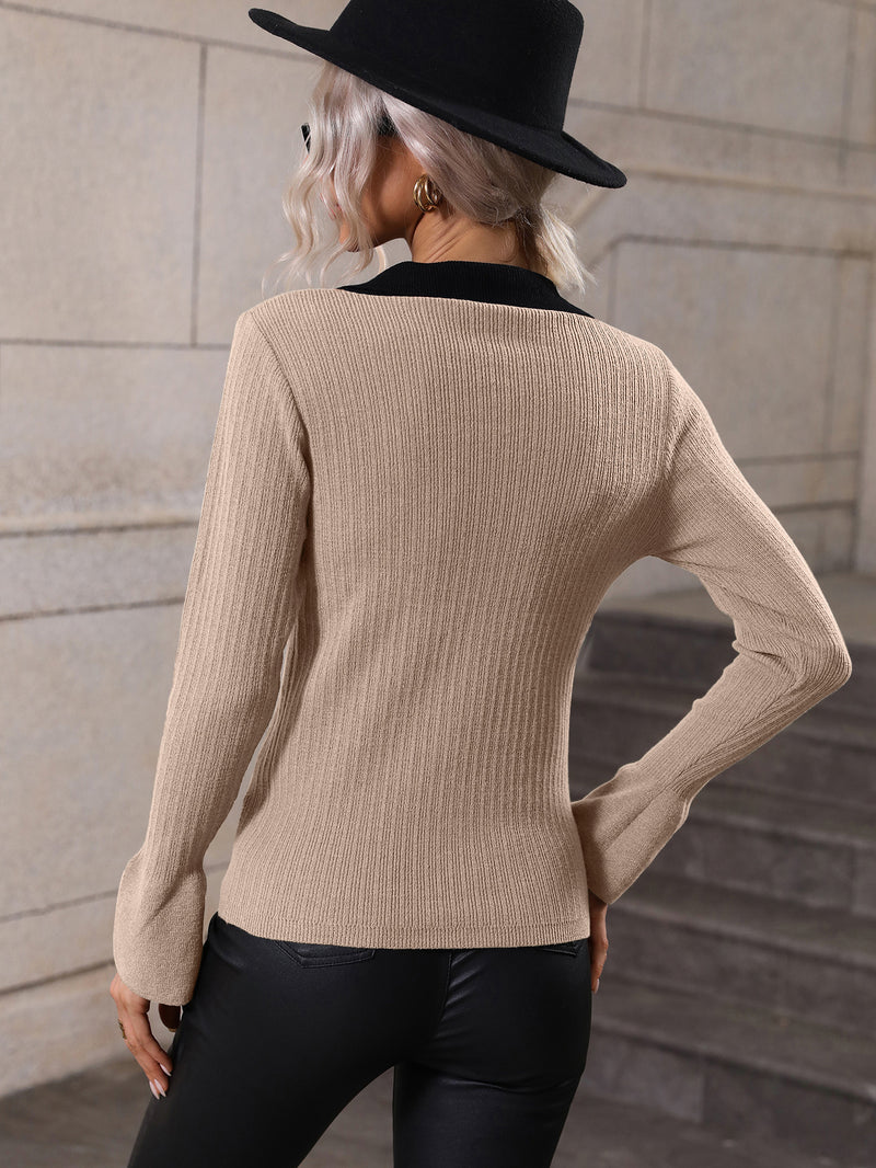 Two-Tone Johnny Collar Knit Pullover