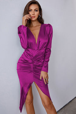 Ruched Tulip Hem Puff Sleeve Plunge Satin Dress