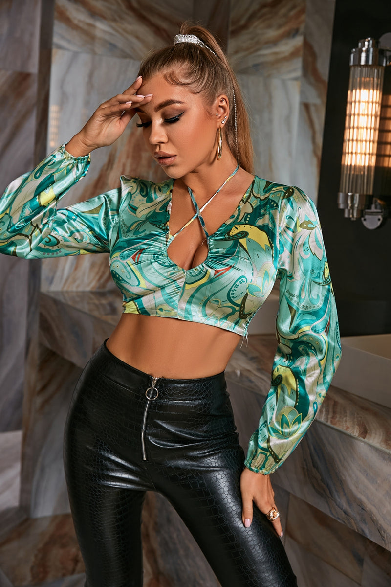 Paisley Satin Elastic Cuff Tie Neck Cropped Top