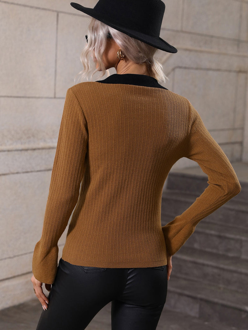 Two-Tone Johnny Collar Knit Pullover