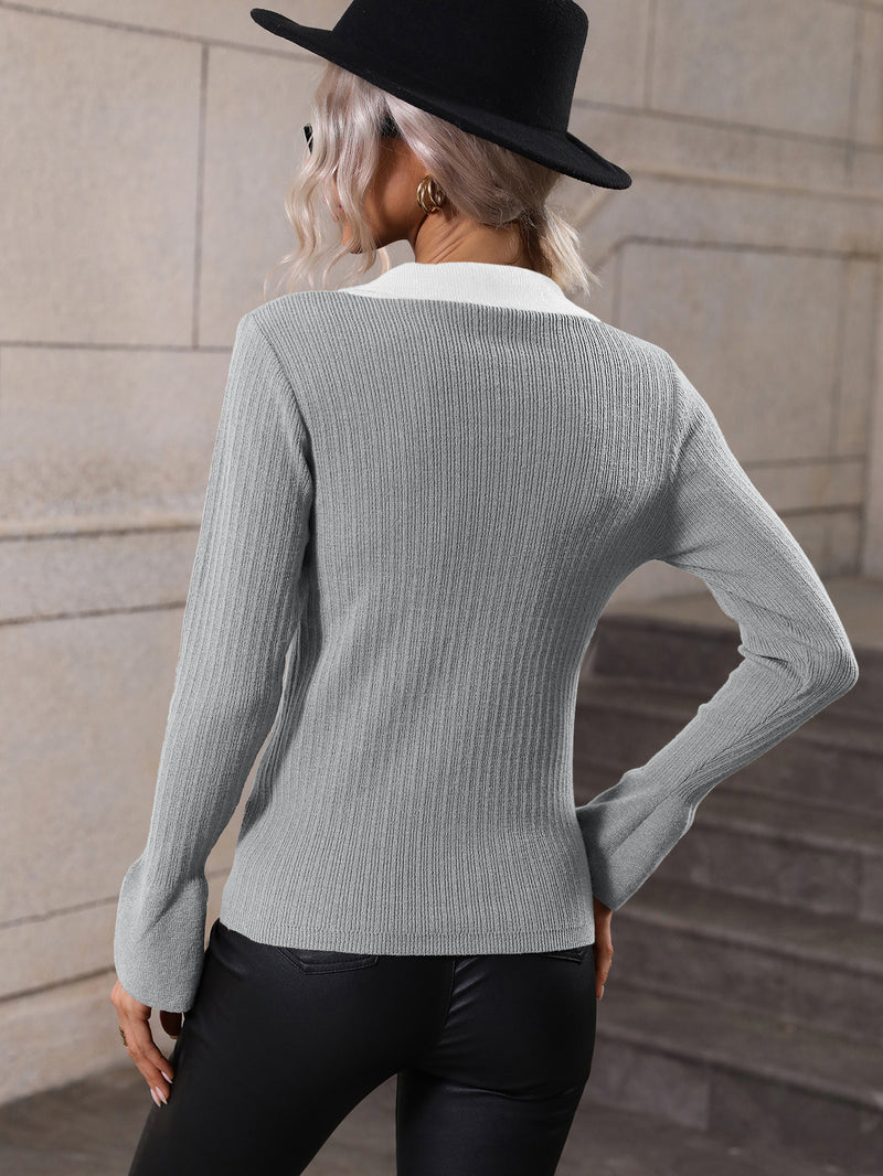 Two-Tone Johnny Collar Knit Pullover