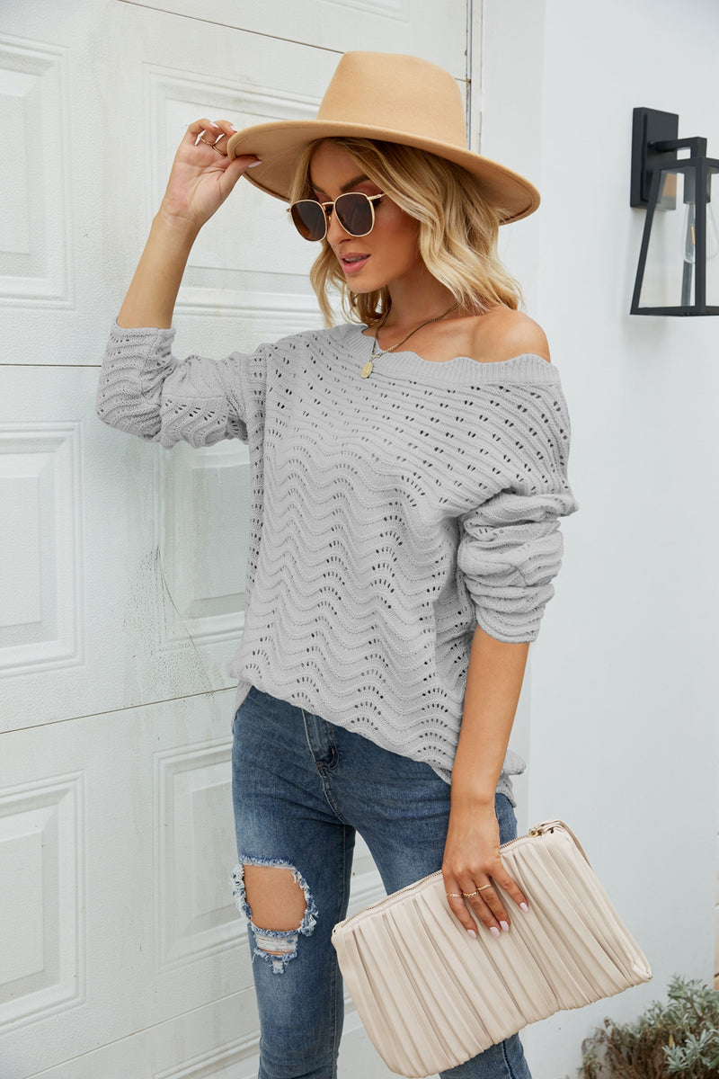 Scalloped Boat Neck Openwork Tunic Sweater