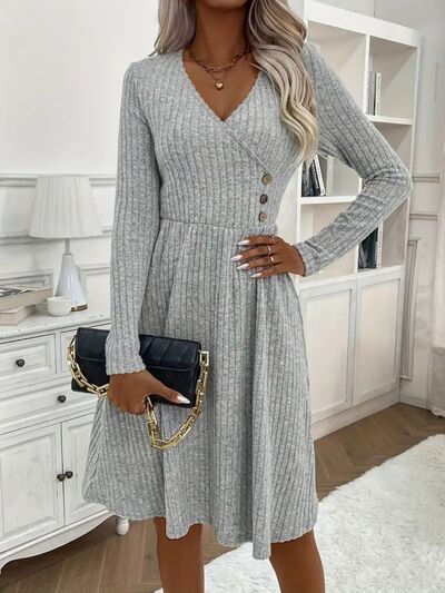 Surplice Long Sleeve Mini Sweater Dress