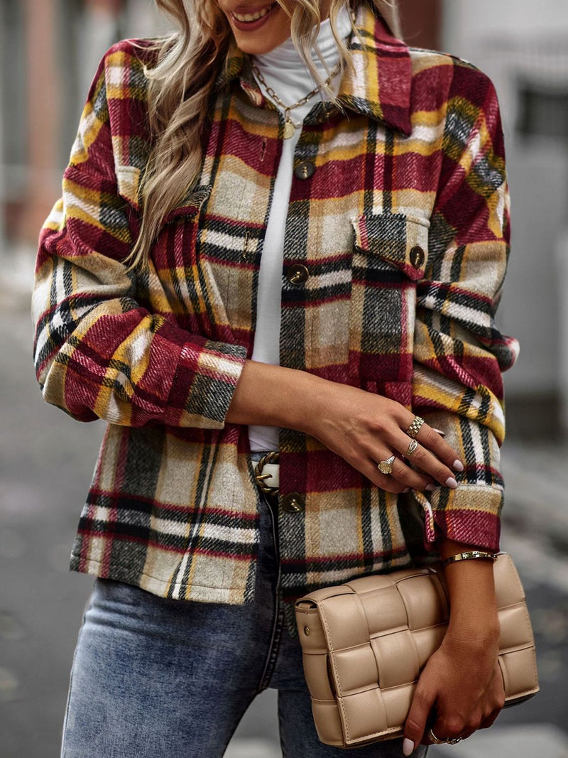 Plaid Button Front Brushed Shacket with Breast Pockets