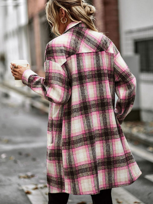 Plaid Button-Up Longline Jacket with Pockets