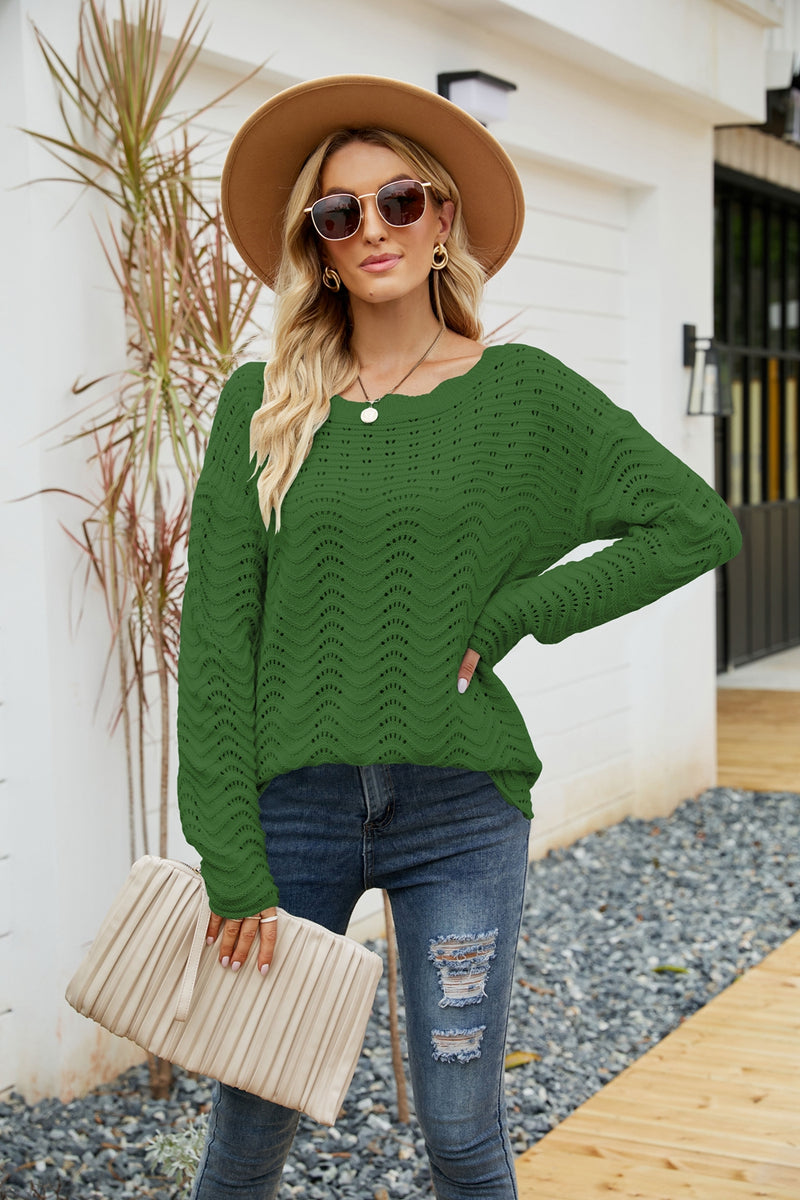 Scalloped Boat Neck Openwork Tunic Sweater