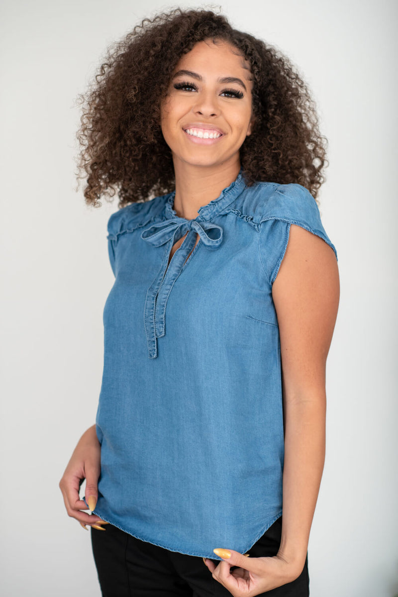 SHOPIRISBASIC Getting To Know You Tie-Front Denim Top