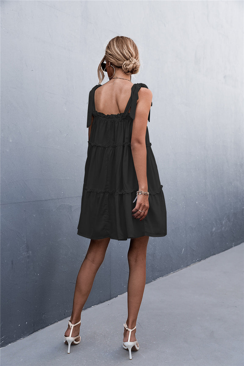 Tie-Shoulder Frill Trim Mini Dress