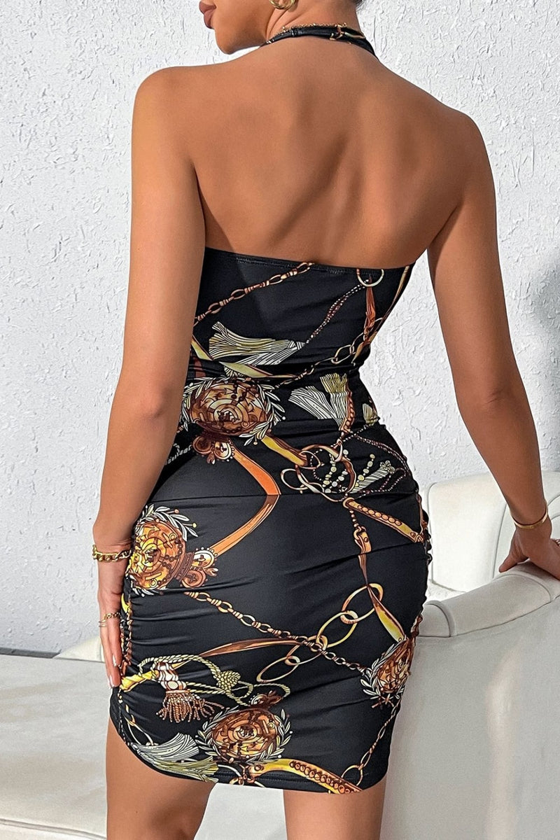 Scarf Print Ruched Halter Neck Bodycon Dress